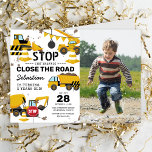 Construction Truck Kids Birthday Party Photo Invitation<br><div class="desc">Construction themed birthday party invitations featuring a simple white background,  a photo of the child,  cute cartoon illustrations of bunting,  stop signs,  a dump truck,  a digger,  a cement truck,  a wrecking ball crane,  splatters of dirt,  and a modern kids birthday celebration template that is easy to personalise.</div>