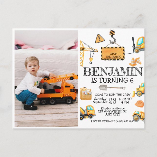 Construction Truck Kids Birthday Party Photo Postcard (Front)