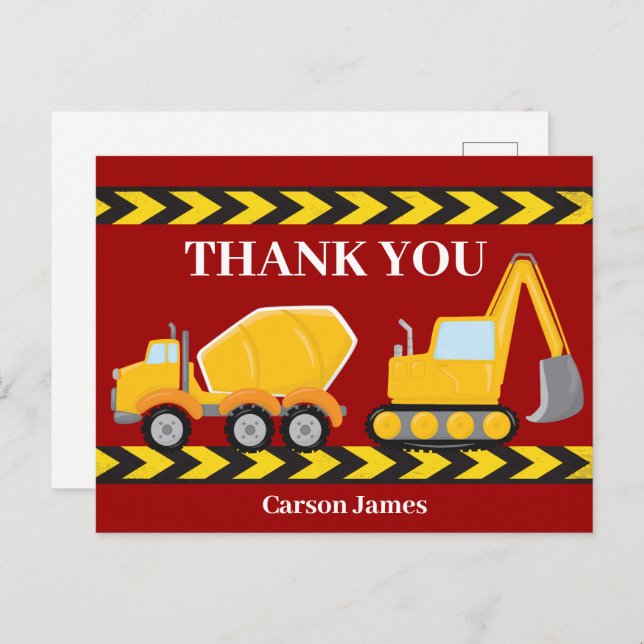 Construction Truck Kids Birthday Party Thank You Postcard (Front/Back)