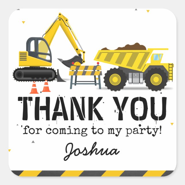 Construction Truck Kids Birthday Party Thank You Square Sticker (Front)