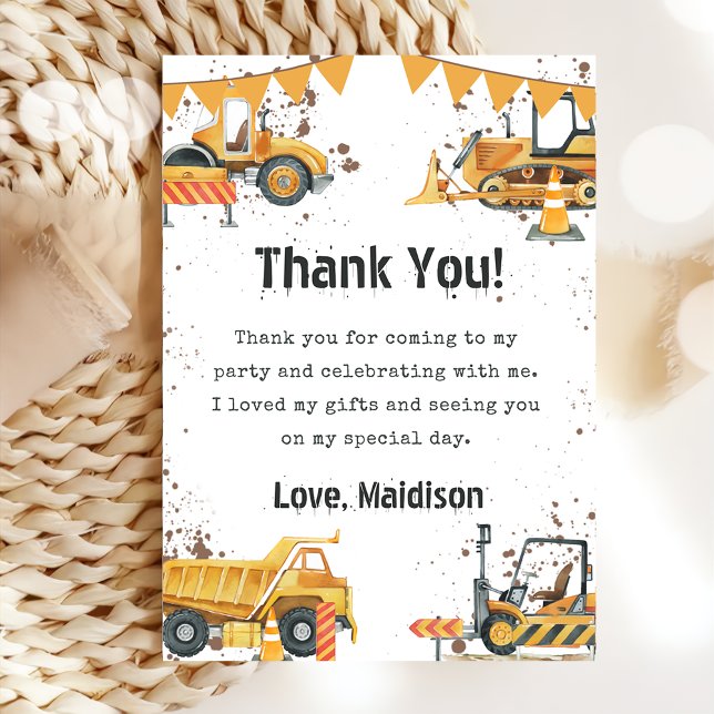 Construction Truck Kids Birthday Thank You Card (Creator Uploaded)