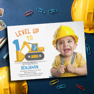 Construction Truck Level Up Photo Boy 1st Birthday Invitation
