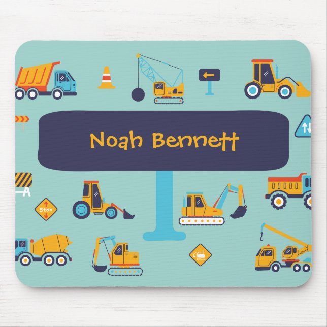 Construction Truck Mouse Pad for Kids with Name (Front)