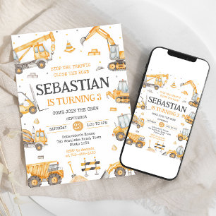Construction Truck Orange Yellow Birthday Invitation