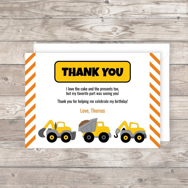 Construction Truck Party Thank You Card (Construction Truck Thank You card with yellow trucks and orange stripes)