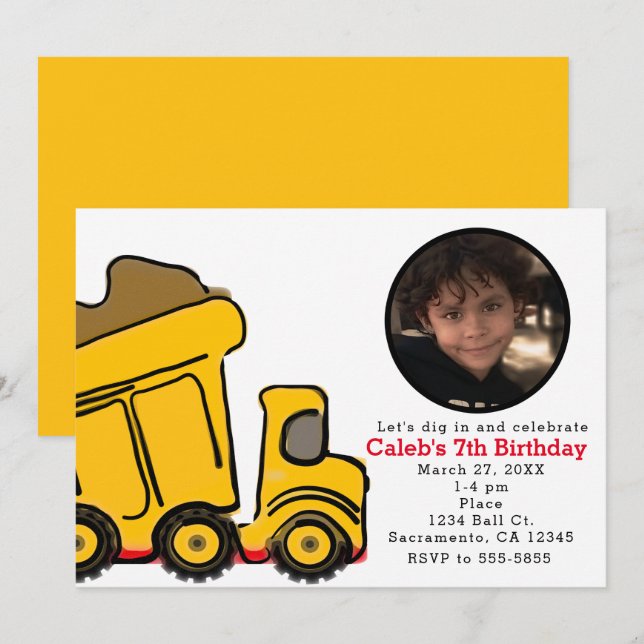 Construction Truck Photo Birthday Party Invitation (Front/Back)