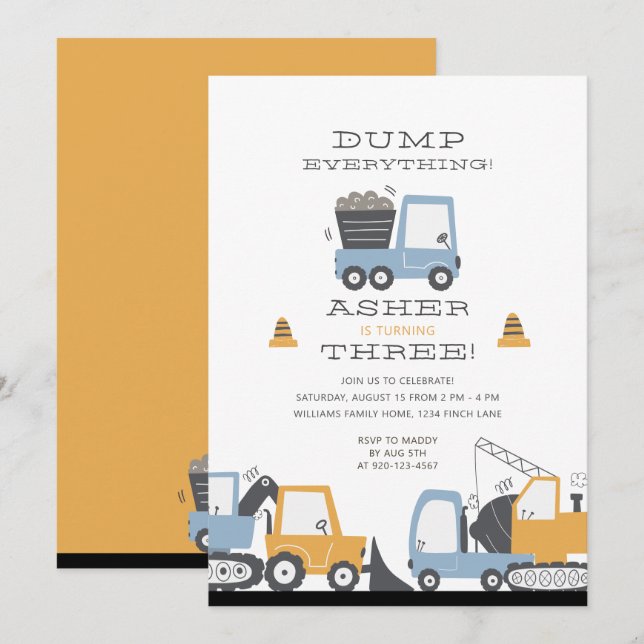 Construction Truck Theme Birthday Party Invitation (Front/Back)