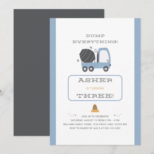 Construction Truck Theme Dump Truck Birthday Party Invitation (Front/Back)