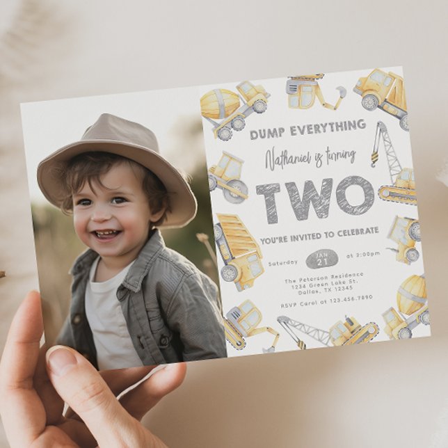 Construction Truck TWO 2nd Birthday Party Invitation (Creator Uploaded)