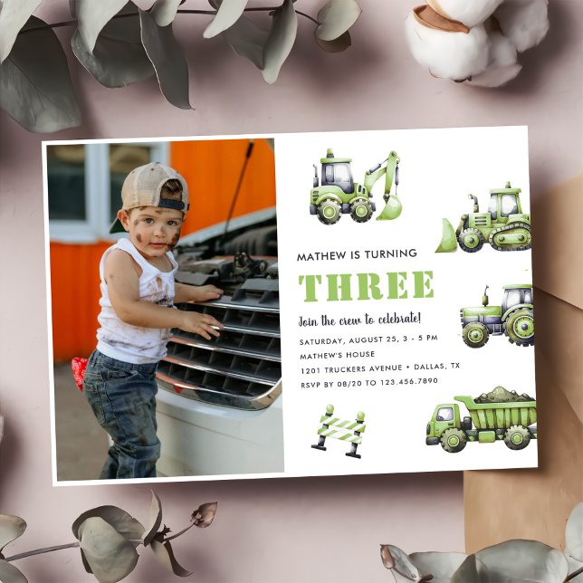 Construction Truck Vehicles 3rd Birthday Photo Invitation (Creator Uploaded)