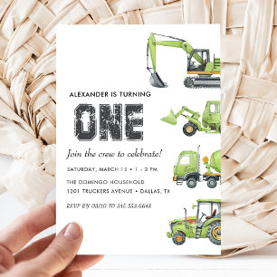 Construction Truck Vehicles Boys 1st Birthday  Invitation