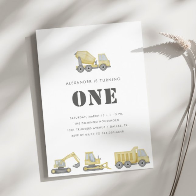 Construction Truck Vehicles Boys 1st Birthday Invitation (Creator Uploaded)