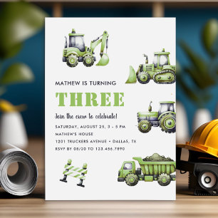 Construction Truck Vehicles Boys 3rd Birthday Invitation
