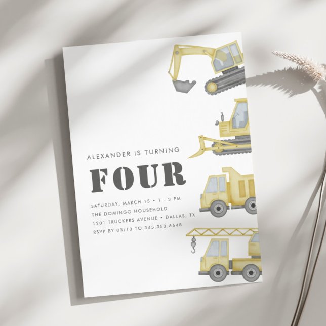 Construction Truck Vehicles Boys 4th Birthday Invitation (Creator Uploaded)