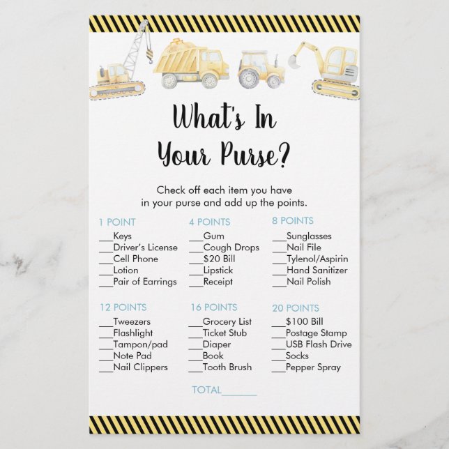 Construction Truck What's In Your Purse Game (Front)