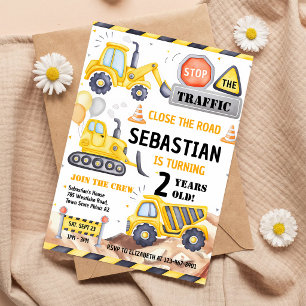 Construction Truck Yellow 1st Birthday Invitation