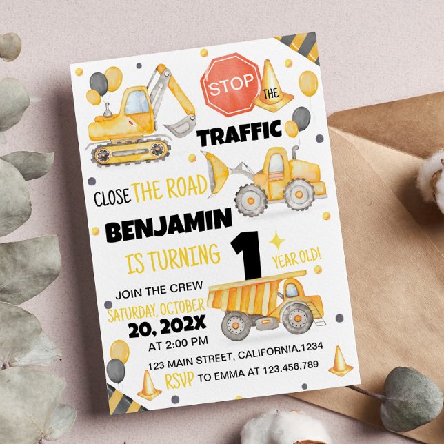 Construction Trucks 1st Birthday Invitation (Creator Uploaded)