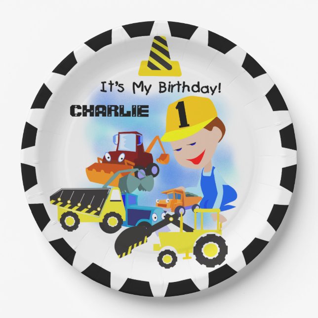 Construction Trucks 1st Birthday Paper Plates (Front)