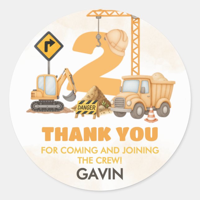Construction Trucks 2nd Birthday Party Classic Round Sticker (Front)