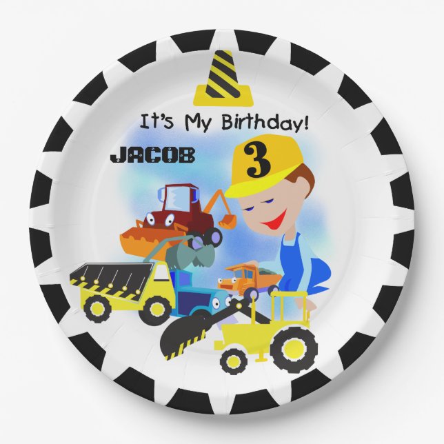 Construction Trucks 3rd Birthday Paper Plates (Front)
