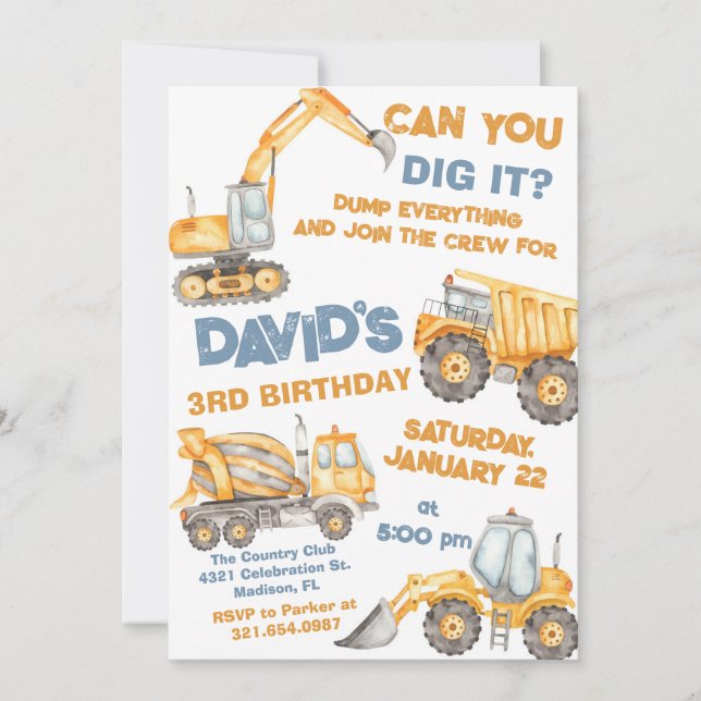Construction Trucks 3rd Birthday Party Invitation (Front)