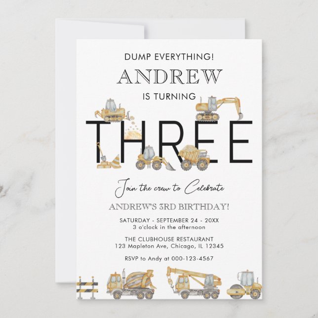 Construction Trucks 3rd Birthday Party Invitation (Front)