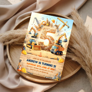Construction Trucks 5th Birthday Invitation