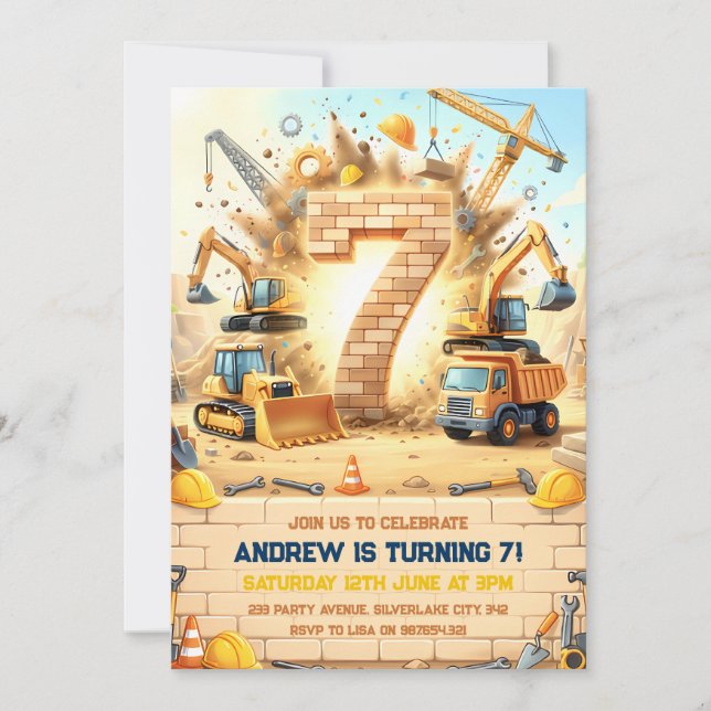 Construction Trucks 7th Birthday Invitation (Front)