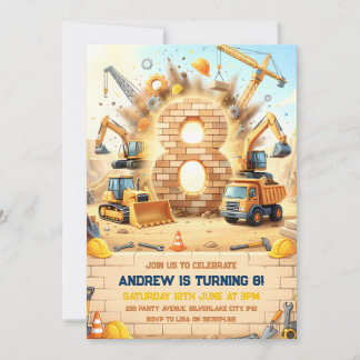 Construction Trucks 8th Birthday Invitation