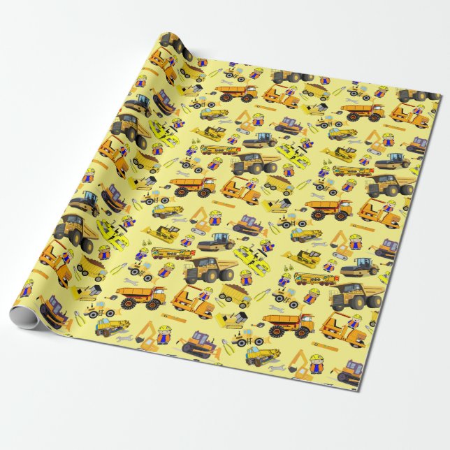 Construction trucks and construction workers theme wrapping paper (Unrolled)
