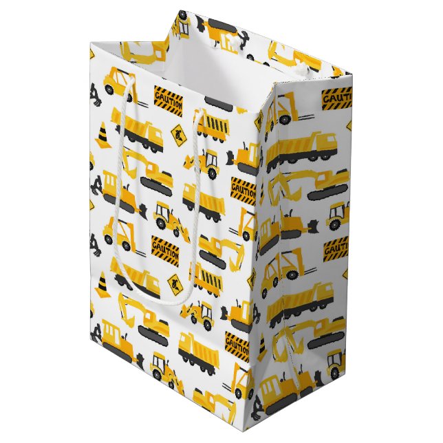 Construction Trucks and Signs Pattern White Medium Gift Bag (Front Angled)