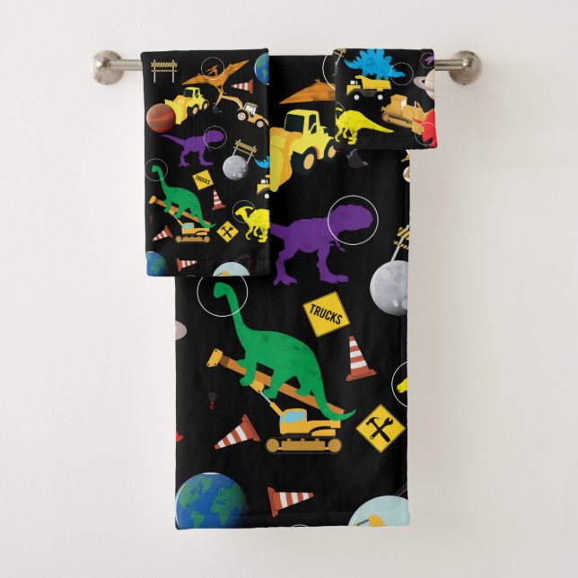 Construction Trucks Astronaut Dinosaurs in Space Bath Towel Set (Insitu)