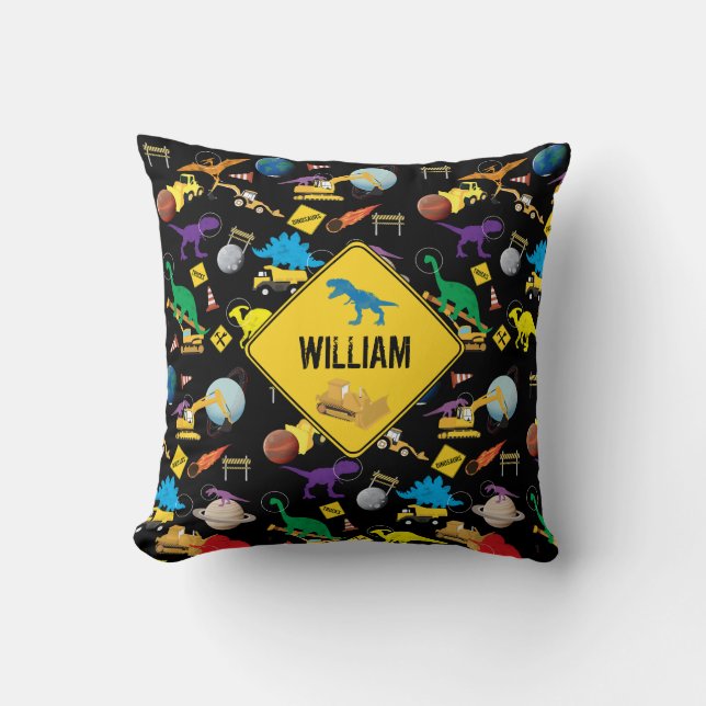 Construction Trucks Astronaut Dinosaurs in Space Cushion (Front)