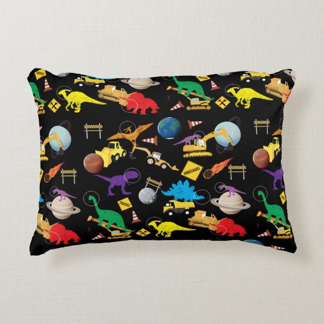 Construction Trucks Astronaut Dinosaurs in Space Decorative Cushion (Front)