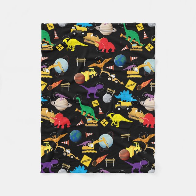 Construction Trucks Astronaut Dinosaurs in Space Fleece Blanket (Front)