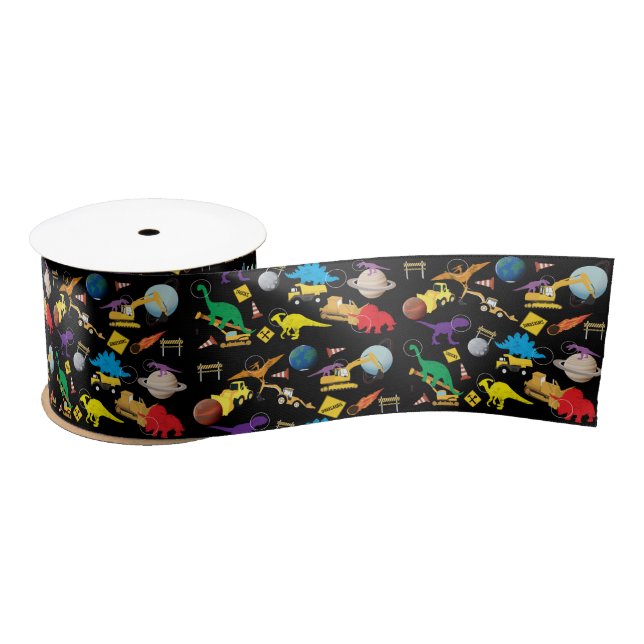 Construction Trucks Astronaut Dinosaurs in Space Satin Ribbon (Spool)