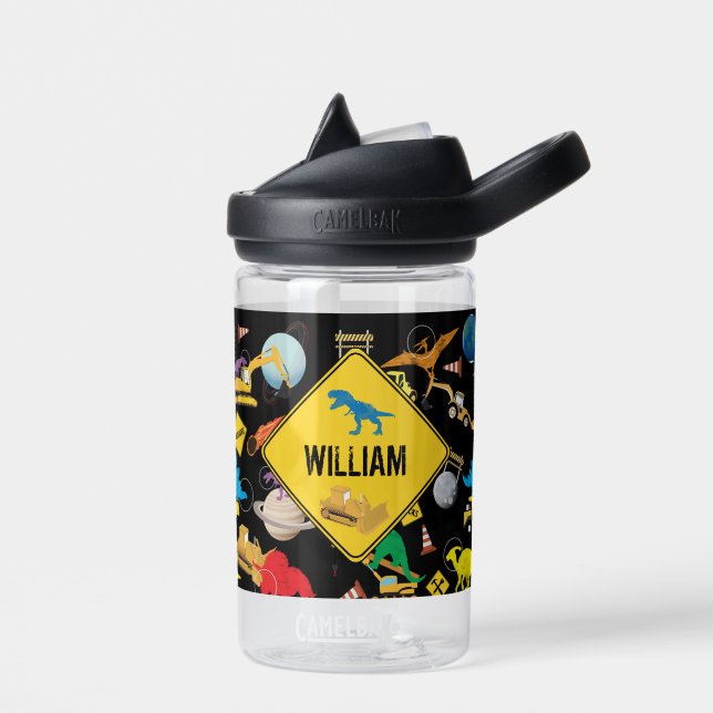 Construction Trucks Astronaut Dinosaurs in Space   Water Bottle (Left)