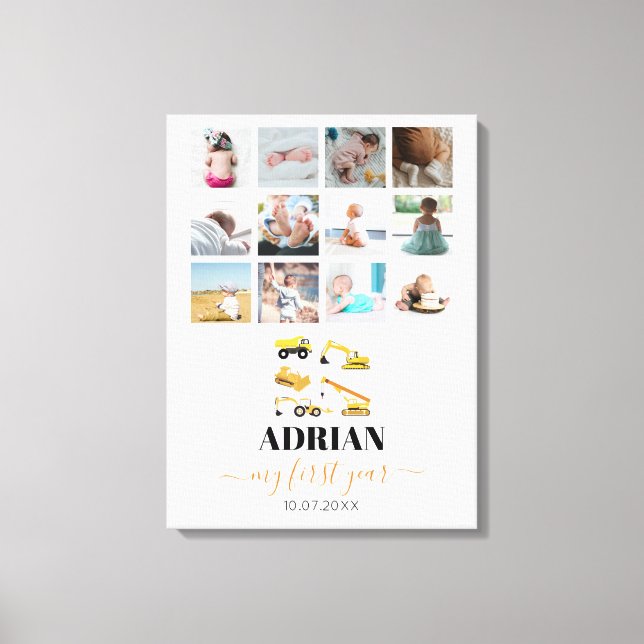 Construction Trucks Baby First Year Photo Collage Canvas Print (Front)