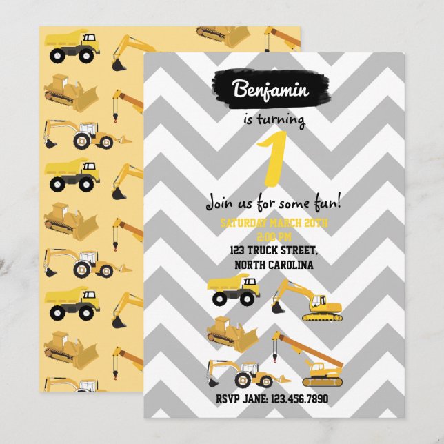 Construction Trucks Birthday Invitations (Front/Back)
