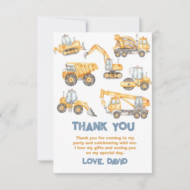 Construction Trucks Birthday Party Classic Thank You Card (Front)