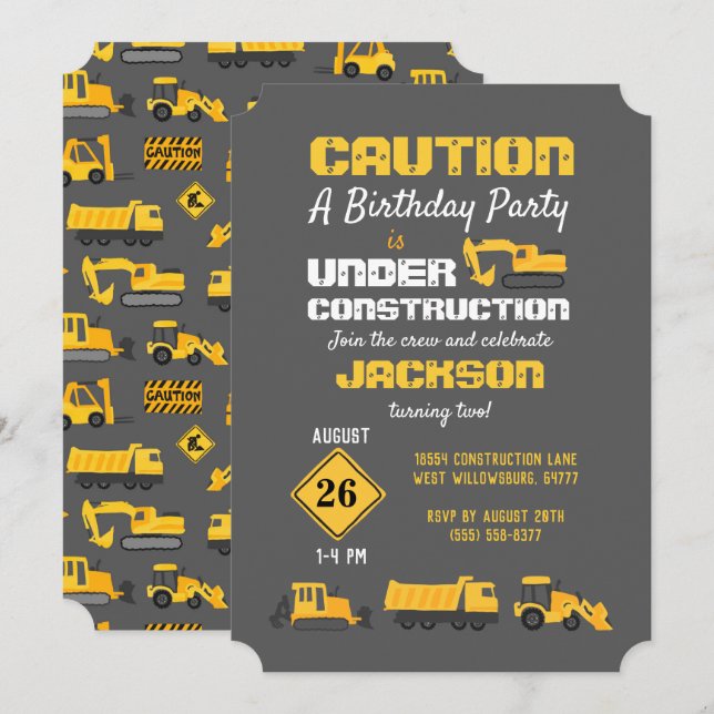 Construction Trucks Birthday Party Grey Invitation (Front/Back)