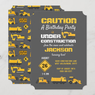 Construction Trucks Birthday Party Grey Invitation