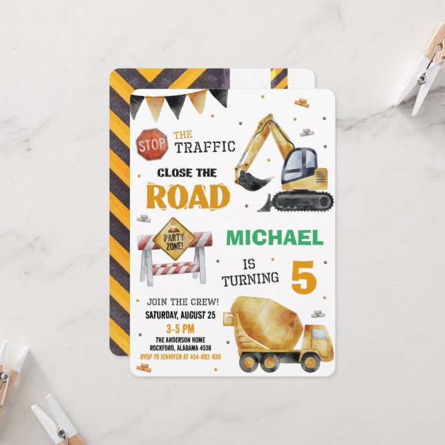 Construction Trucks Birthday Party Invitation (Front/Back In Situ)