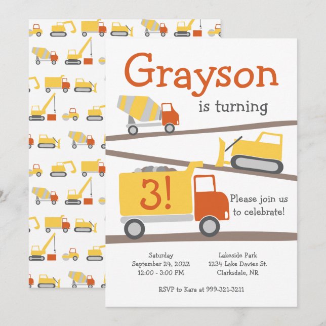 Construction Trucks Birthday Party Invitation (Front/Back)