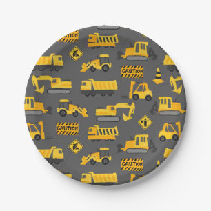 Construction Trucks Birthday Party Pattern Grey Paper Plate