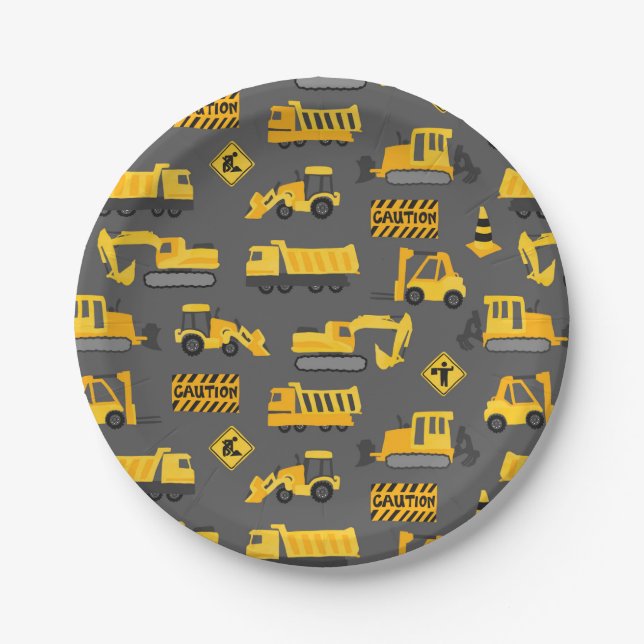 Construction Trucks Birthday Party Pattern Grey Paper Plate (Front)