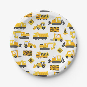Construction Trucks Birthday Party Pattern White Paper Plate