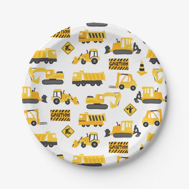 Construction Trucks Birthday Party Pattern White Paper Plate (Front)