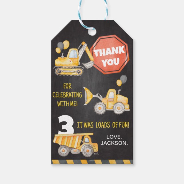 Construction Trucks Birthday Thank You Tag (Front)