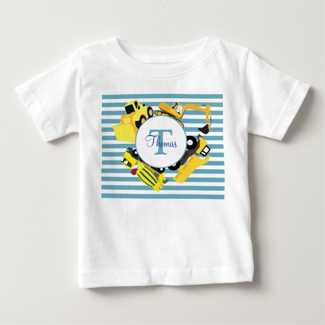 Construction Trucks Blue Stripes Monogram Baby T-Shirt (Front)